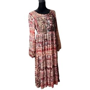 Knox Rose Sheer Midi Dress Size M Boho Chic Cottage Peasant Hippie Flowy Tied